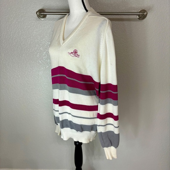 Cute Creamy Colored 90s Cotton Knit V-Neck Horizontal Striped Sweater Medium M - Picture 7 of 11